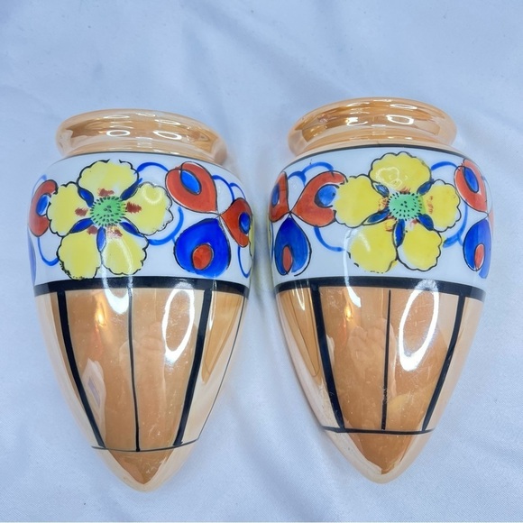 Vintage Wall Pockets ART DECO Lusterware Flowers Hand Decorated Japan 1930s - Picture 6 of 6